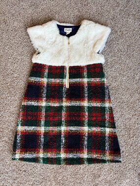 Hatley Girls SIZE 6 Red Plaid Tweed Jumper Dress Faux Fur Holiday Christmas